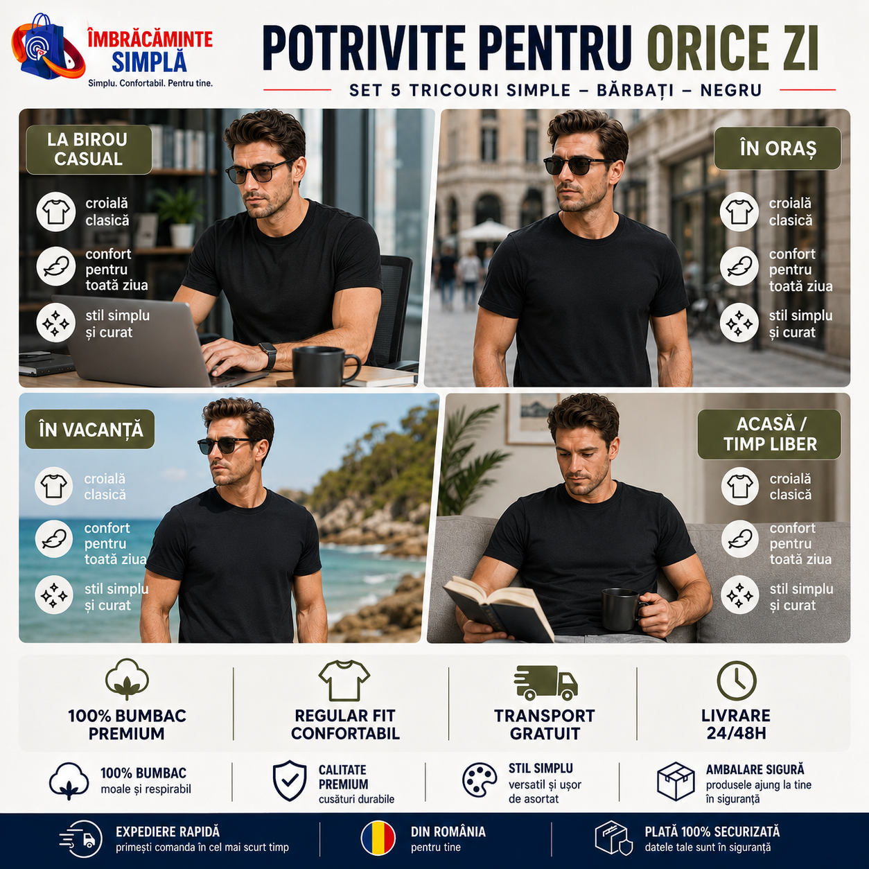 Unde poți purta tricourile negre pentru bărbați, la birou, &icirc;n oraș, acasă sau &icirc;n vacanță